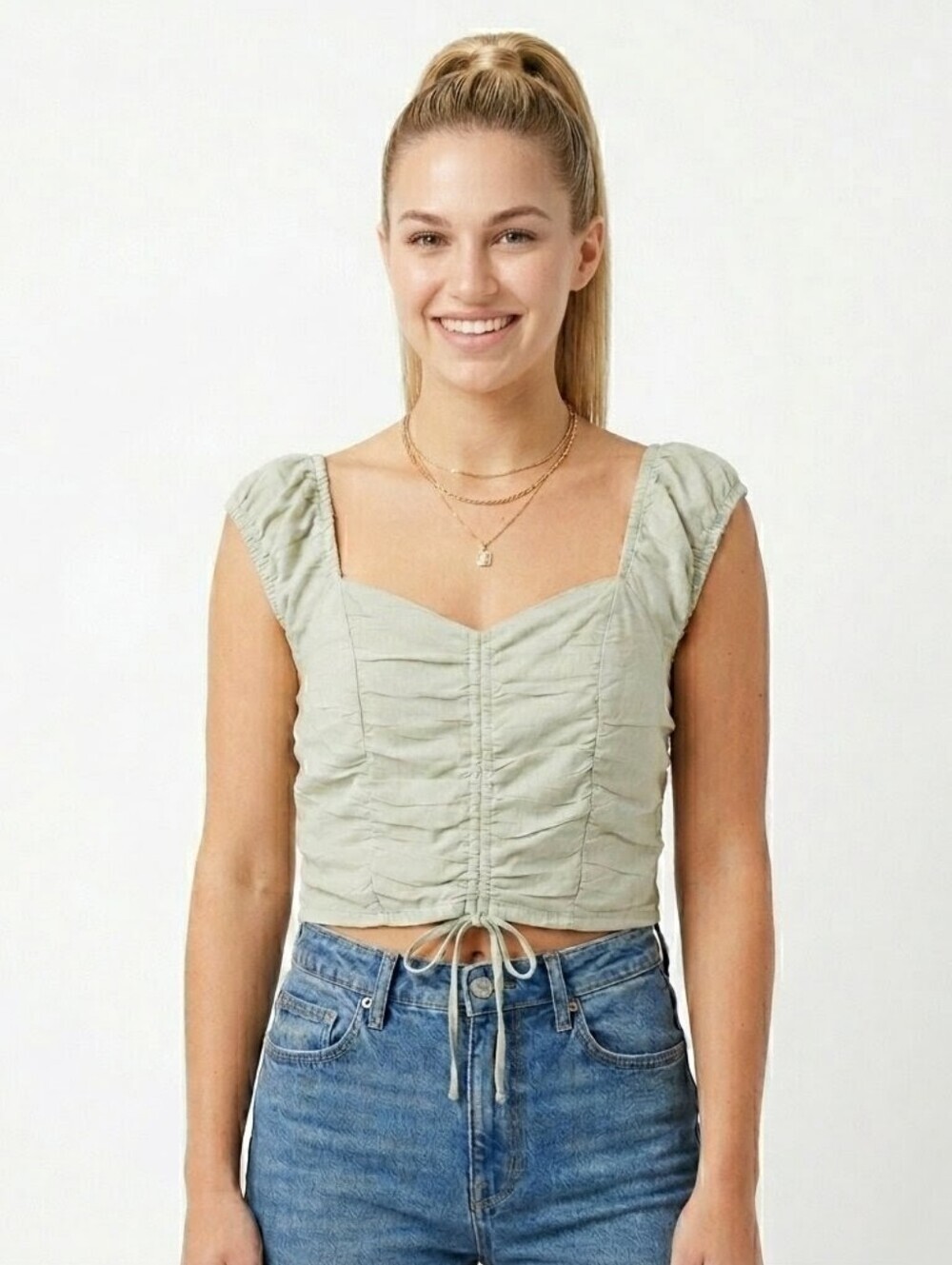 Japna Green Ruched Square Neck Tie Front Boho Smocked Crop Top - Large
